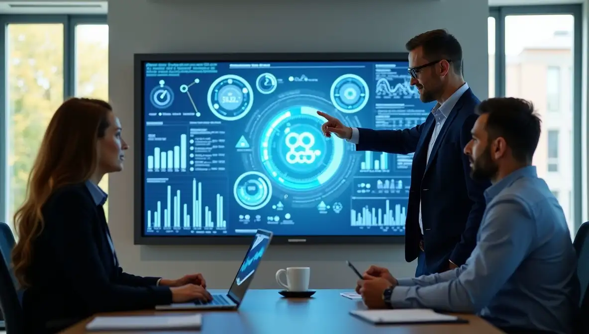 Three business professionals intently review digital analytics and content flow diagrams on a large screen in a modern conference room, symbolizing strategic planning.