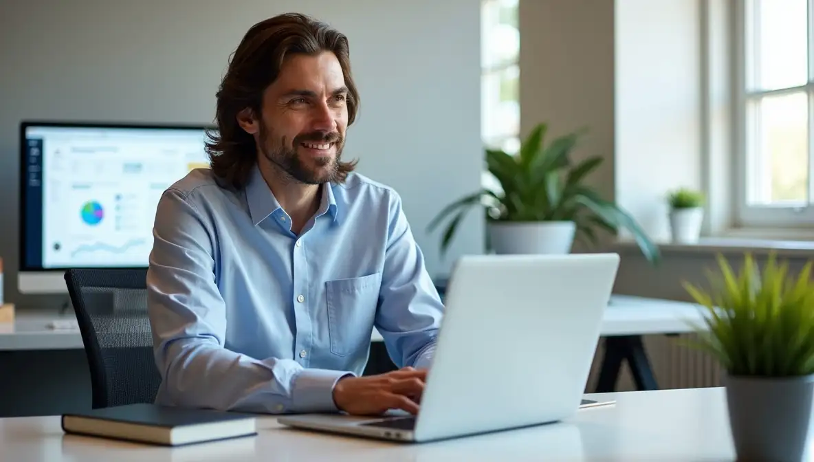 Professional strategically planning on a laptop in a modern office, focused on long-term value creation.
