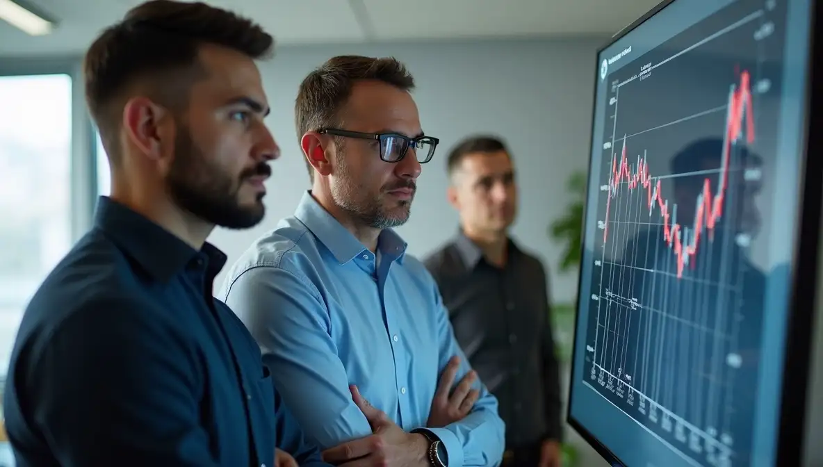 Agile team of professionals identifying new market opportunities on a digital display with data visualization, showcasing strategic insight and breakthrough discovery.