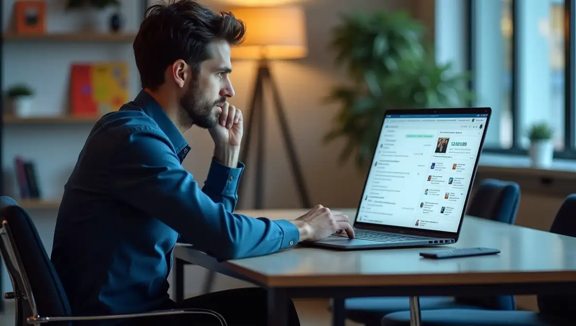 Photorealistic image of an overwhelmed and stressed startup founder at a cluttered modern office desk, symbolizing a company bottleneck.