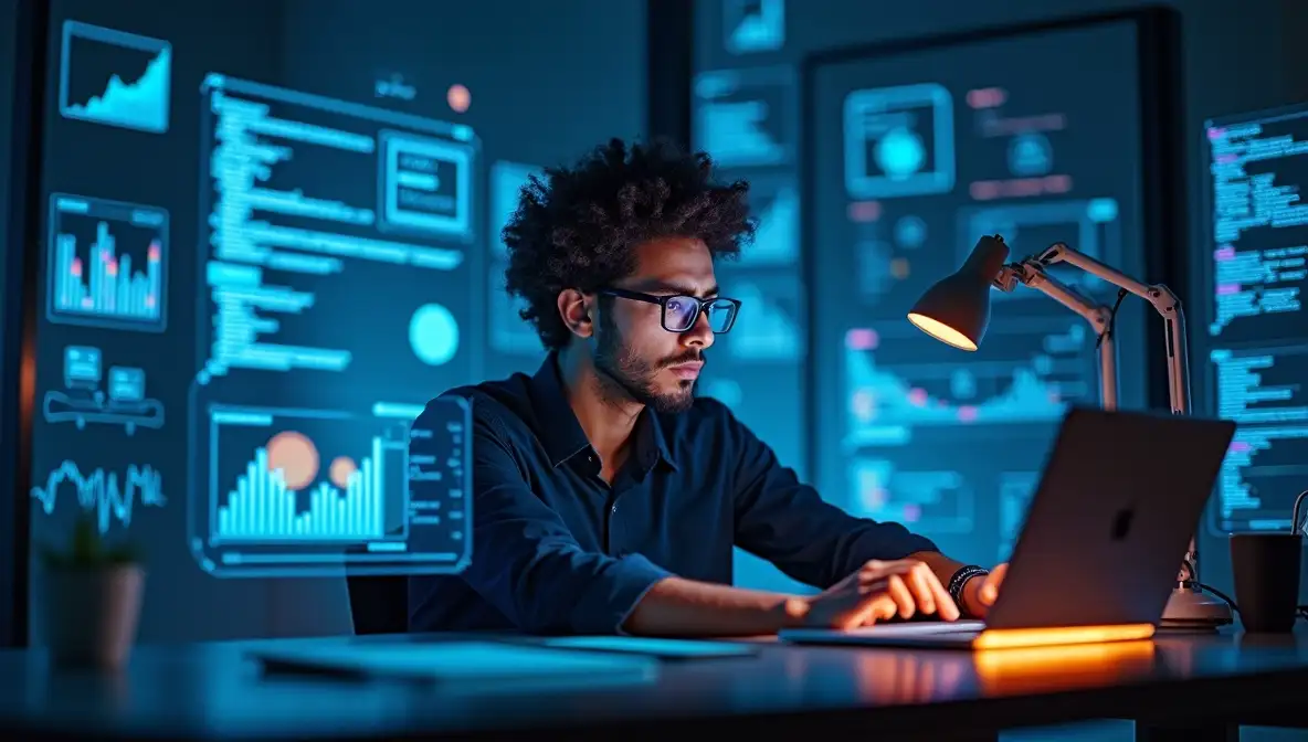 A man with curly hair and glasses intently types on a laptop, surrounded by numerous glowing blue digital screens displaying lines of code and data visualizations in a high-tech environment.