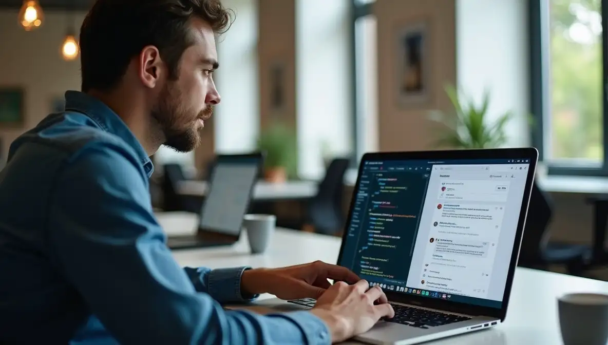 Tech founder focused on laptop, showcasing split screen of code editor and social media feed, symbolizing building and public marketing.