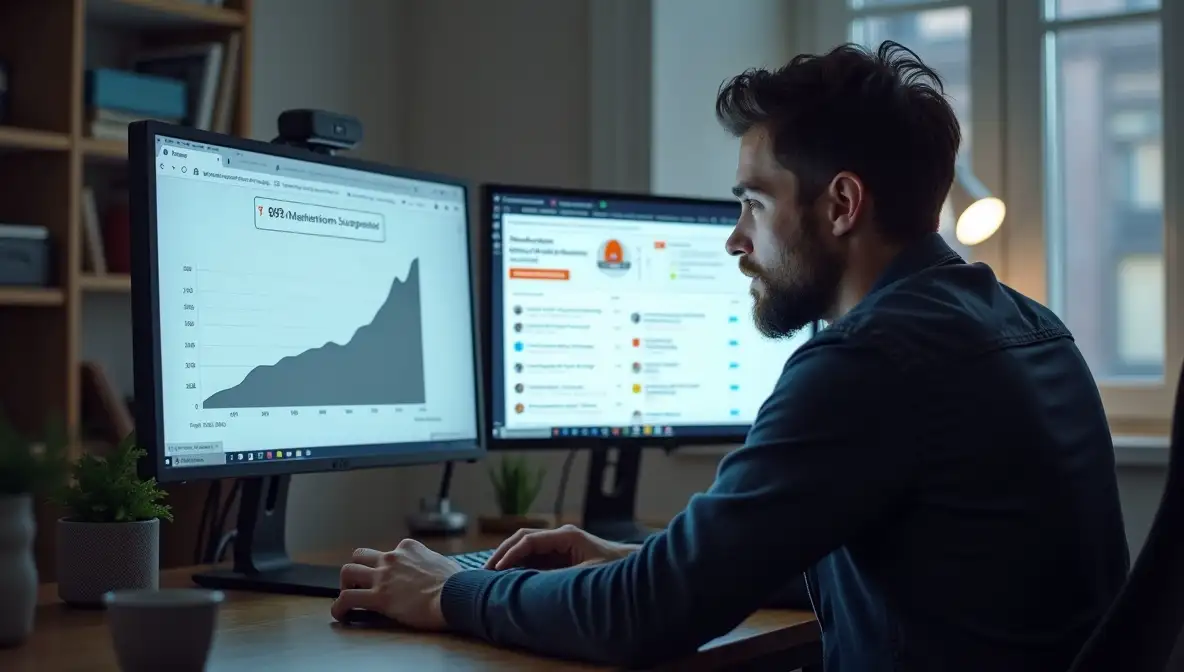 Tech founder reviewing market data and growth metrics on a second monitor, shifting focus from product development to market understanding and validation.