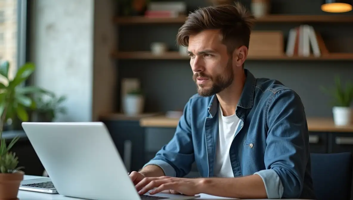 Thoughtful business professional at a modern desk, looking away from laptop screen as if contemplating how to make digital messages more human and engaging.